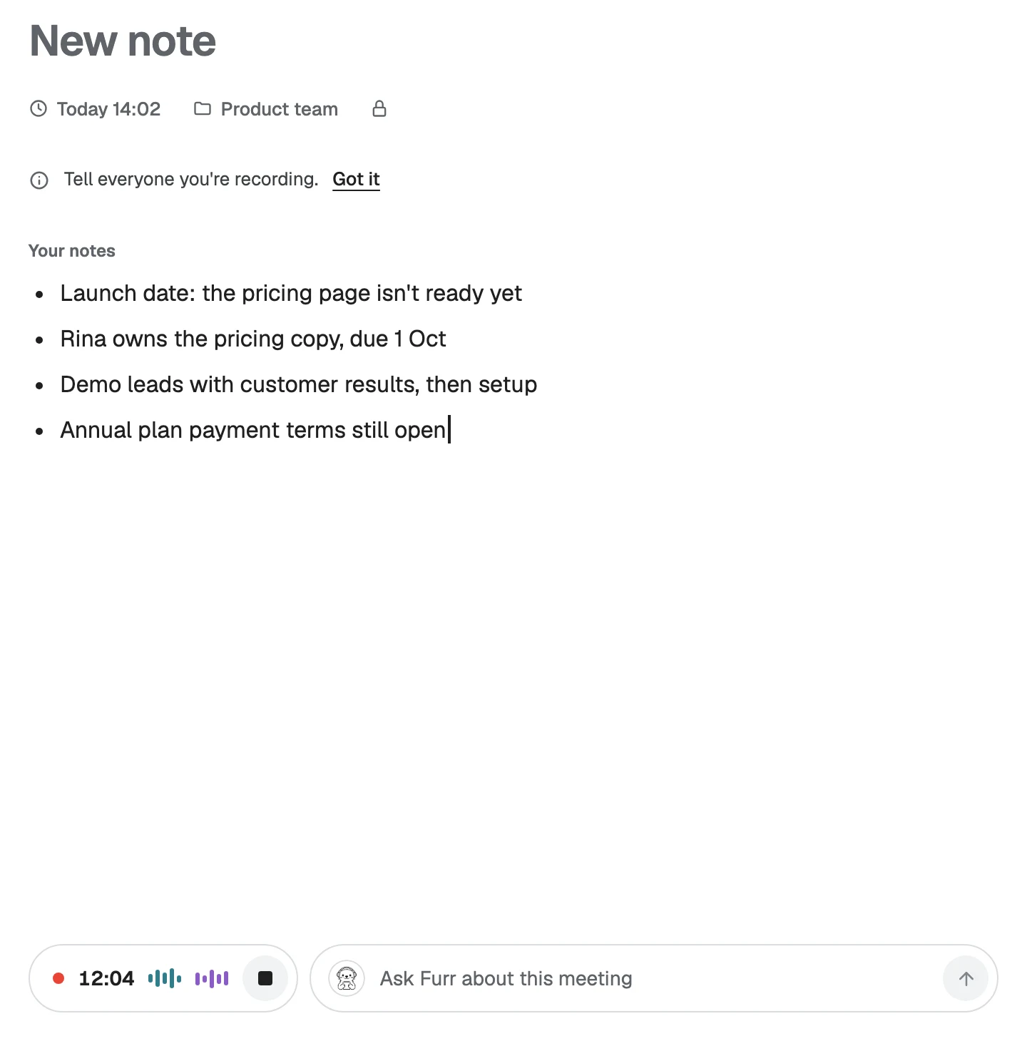 A new note while recording