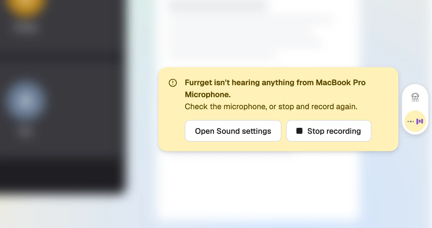 The no-audio warning on the rail